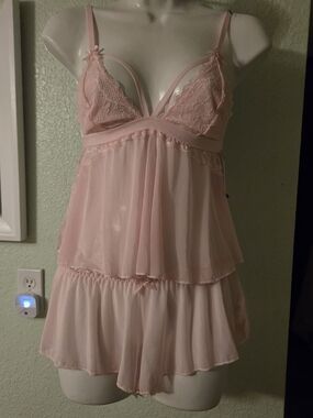 Sheer Lace-Trim Pink Babydoll & Short Sleep Set